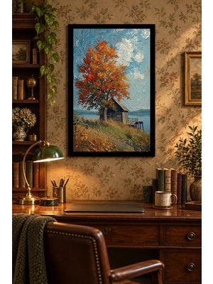 Soprano Sonbahar Ağacı ve Göl Evi, Dekoratif Mdf Tablo, Çerçeve Görünümlü Ahşap Poster