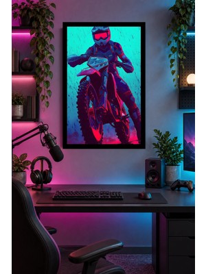 Onyx Lab Onyxlab Neon Renkli Motokros Motosikleti, Dekoratif Mdf Tablo, Çerçeve Görünümlü Ahşap Poster