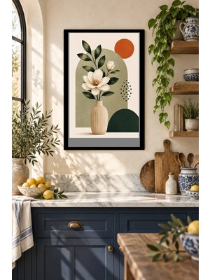 Onyx Lab Onyxlab Beyaz Çiçekli Vazo, Dekoratif Mdf Tablo, Çerçeve Görünümlü Ahşap Poster
