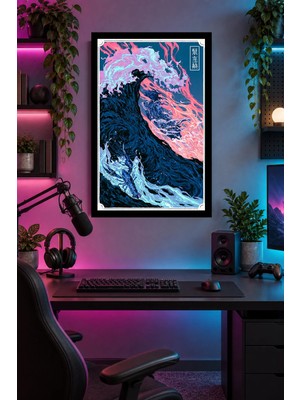 Onyx Lab Onyxlab Pembe ve Mavi Dalga Illüstrasyonu, Dekoratif Mdf Tablo, Çerçeve Görünümlü Ahşap Poster
