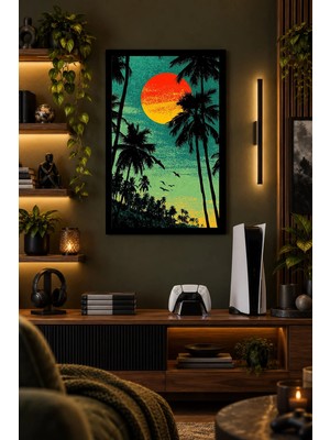 Onyx Lab Onyxlab Palmiyeli Gün Batımı, Dekoratif Mdf Tablo, Çerçeve Görünümlü Ahşap Poster