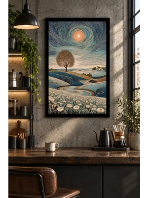 Onyx Lab Onyxlab Gökyüzünde Güneş ve Yalnız Ağaç, Dekoratif Mdf Tablo, Çerçeve Görünümlü Ahşap Poster