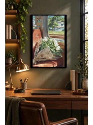 Onyx Lab Onyxlab Pencere Önünde Beyaz Çiçekler, Dekoratif Mdf Tablo, Çerçeve Görünümlü Ahşap Poster