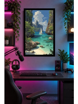 Onyx Lab Onyxlab Turkuaz Koy ve Kayalıklar, Dekoratif Mdf Tablo, Çerçeve Görünümlü Ahşap Poster