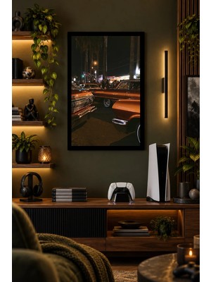 Onyx Lab Onyxlab Gece Caddesinde Klasik Otomobiller, Dekoratif Mdf Tablo, Çerçeve Görünümlü Ahşap Poster