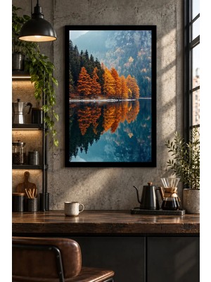 Onyx Lab Onyxlab Sonbahar Ormanı ve Göl Yansıması, Dekoratif Mdf Tablo, Çerçeve Görünümlü Ahşap Poster