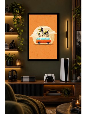 Onyx Lab Onyxlab Turuncu Zeminde Palmiyeli Minibüs, Dekoratif Mdf Tablo, Çerçeve Görünümlü Ahşap Poster