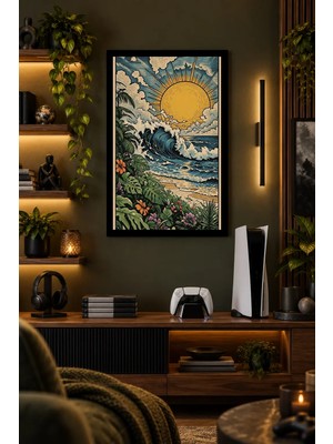 Onyx Lab Onyxlab Güneş ve Deniz Dalgaları, Dekoratif Mdf Tablo, Çerçeve Görünümlü Ahşap Poster
