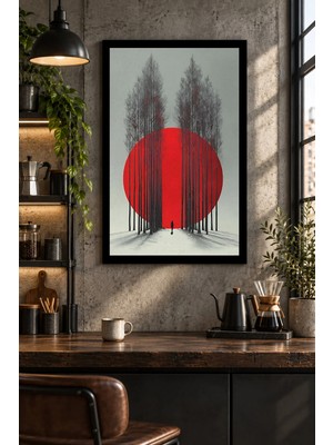 Onyx Lab Onyxlab Kırmızı Güneş Önünde Ağaçlar, Dekoratif Mdf Tablo, Çerçeve Görünümlü Ahşap Poster