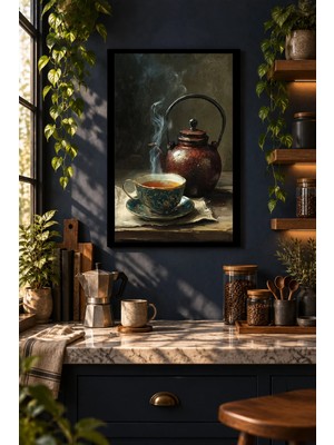 Onyx Lab Onyxlab Bakır Çaydanlık ve Çay Fincanı, Dekoratif Mdf Tablo, Çerçeve Görünümlü Ahşap Poster