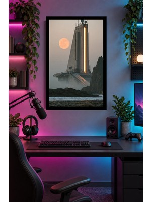 Onyx Lab Onyxlab Dolunaylı Deniz Feneri, Dekoratif Mdf Tablo, Çerçeve Görünümlü Ahşap Poster