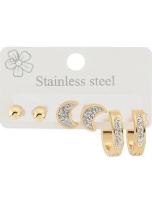 Shop Krutzo 3'lü Gold Taşlı Çelik Küpe