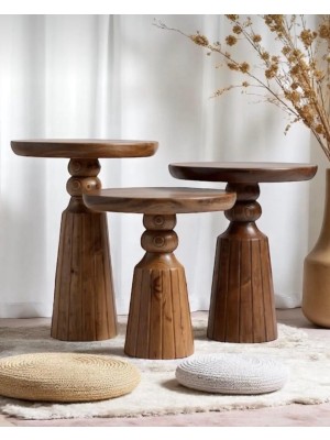 Aselya Home Doğal Ahşap 3'lü Set Mantar Yan Sehpa Modern