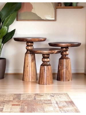 Aselya Home Doğal Ahşap 3'lü Set Mantar Yan Sehpa Modern