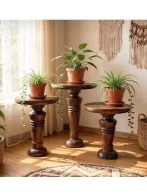 Aselya Home Doğal Ahşap 3'lü Set Mantar Yan Sehpa Modern