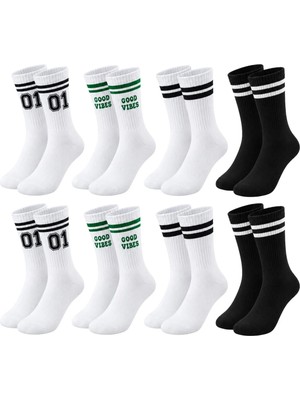 Unisex Çorap Çizgili 8'li Set 07 Good Vibes Yazılı Siyah Beyaz Uzun Soket Spor Kolej Stil Çorap — Renk: Çok Renkli, Beden: 36-40, Adet: 8