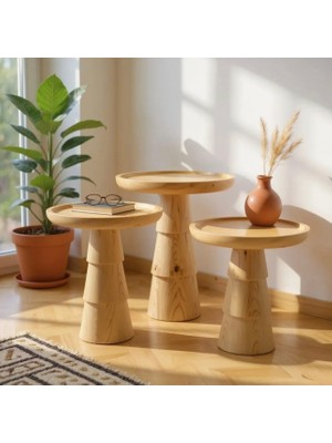 Aselya Home Doğal Ahşap 3'lü Set Mantar Yan Sehpa Modern