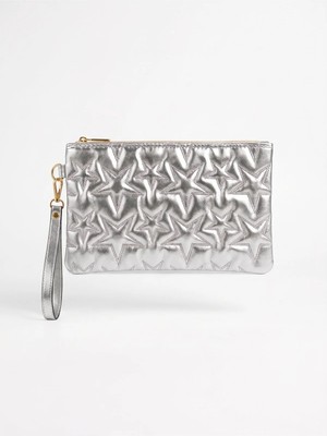 Purpleart Kadın Silver Yıldız Kapitone Portföy El Çantası Bilek Askılı Fermuarlı Clutch Çok Amaçlı Makyaj Çantası