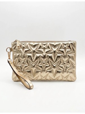 Purpleart Kadın Gold Yıldız Kapitone Portföy El Çantası Bilek Askılı Fermuarlı Clutch Çok Amaçlı Makyaj Çantası