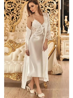QKK Kadın Ekru Gecelik&sabahlık&şortlu Takım&pijama Takımı 6'lı Saten Gelin Çeyizlik Set N7K0.3RK.T.K.S