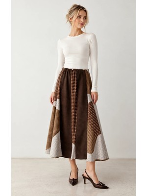 Meride Fashion Beli Lastikli Kahverengi Uzun Etek- 3505 Kahverengi - L