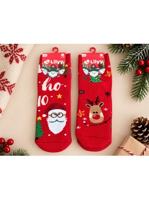 Lilyy Baby & Kids Socks Yılbaşı Temalı Kırmızı Çocuk Çorap – Geyik & Gözlüklü Noel Baba Desenli (9–10 Yaş)