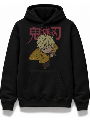 Fuddy Moda Unisex Baby Zenitsu Baskılı Kapüşonlu Sweatshirt, Oversize Demon Slayer Anime Temalı Hoodie