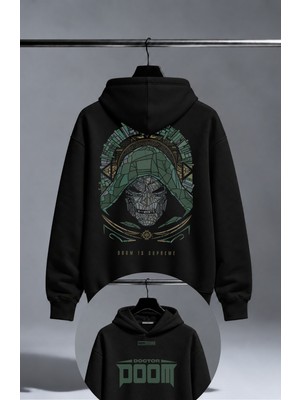 Fuddy Moda Unisex Doctor Doom Sırt Baskılı Kapüşonlu Sweatshirt, Oversize Film Temalı Hoodie
