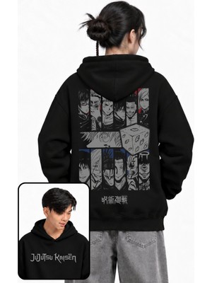Fuddy Moda Unisex Jujutsu Kaisen Karakterleri Sırt Baskılı Kapüşonlu Sweatshirt, Oversize Anime Temalı Hoodie