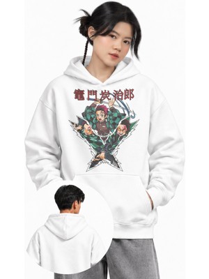 Fuddy Moda Unisex Demon Slayer Tanjiro Baskılı Kapüşonlu Sweatshirt, Oversize Anime Temalı Hoodie