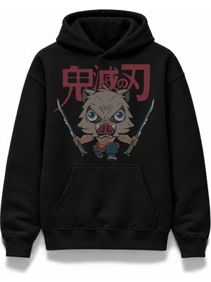 Fuddy Moda Unisex Demon Slayer Baby Inosuke Baskılı Kapüşonlu Sweatshirt, Oversize Anime Temalı Hoodie
