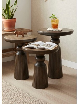 Aselya Home Doğal Ahşap 3'lü Set Mantar Yan Sehpa Modern