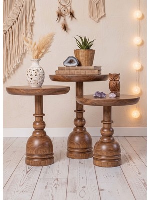 Aselya Home Doğal Ahşap 3'lü Set Mantar Yan Sehpa Modern