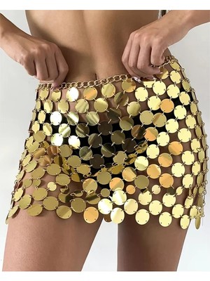 VBX Aura Kadın Parlak Pul Mini Etek Zincirli Festival Gece Kombini