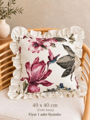 Decamor Home Roza Çiçek Desenli Ekru Mürdüm Fırfırlı Kırlent Kılıfı 1 Adet