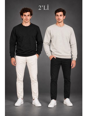 Milares Erkek 2'li Bisiklet Yaka Içi Şardonlu 2 Iplik Düz Uzun Kollu Regular Fit Sweatshirt - Siyah & Gri