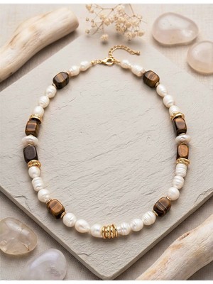 Fem Bijoux 22K Altın Kaplama Doğal Inci ve Kaplan Gözü Taşlı Kadın Kolye