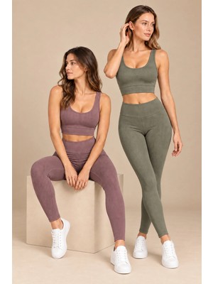 QKK Kadın Çok Sıkı Kalıp Pedli Büstiyer ve Fitilli Tayt Spor Alt Üst Takım 2'li Paket