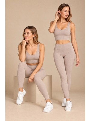 QKK Kadın Çok Sıkı Kalıp Pedli Büstiyer ve Fitilli Tayt Spor Alt Üst Takım 2'li Paket