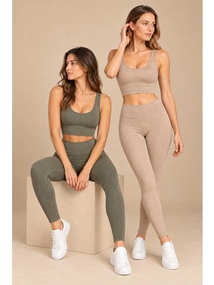 QKK Kadın Çok Sıkı Kalıp Pedli Büstiyer ve Fitilli Tayt Spor Alt Üst Takım 2'li Paket