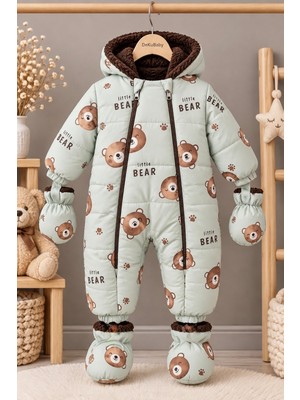 DeKuBaby Yeni Sezon Little Bear Ayı Kafalar Desenli Takıp Çıkarılabilir Patikli Kürklü Bebek Kozmonot-Astronot Tulum