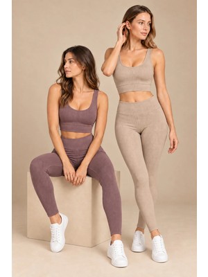 QKK Kadın Çok Sıkı Kalıp Pedli Büstiyer ve Fitilli Tayt Spor Alt Üst Takım 2'li Paket