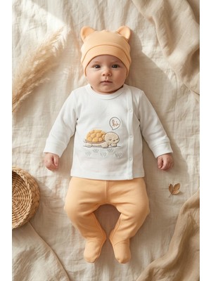 Babycan Turtle Hug %100 Pamuklu 3’lü Yenidoğan Bebek Takımı 0-3 Ay - Yan Çıtçıtlı Üst, Patikli Pantolon ve Bere Seti