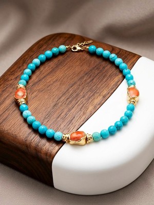 Fem Bijoux Doğal Turkuaz ve Mercan Taşlı Altın Kaplama Detaylı Kadın Kolye