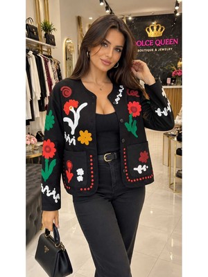 Dolce Queen Kadın Çiçek Nakışlı Düğmeli Pamuk Gabardin Ceket