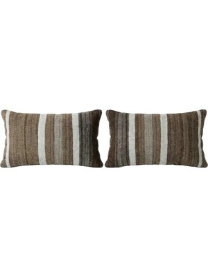 Kilim Yün Kahverengi El Yapımı Kırlent Kılıfı 2 Parça Set 28 x 50 cm