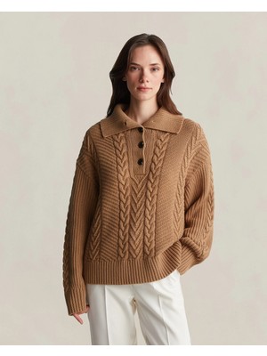 Gant Kadın Kahverengi Relaxed Fit Klasik Yaka Desenli Kazak