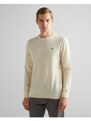 Gant Erkek Krem Regular Fit Bisiklet Yaka Yün Kazak