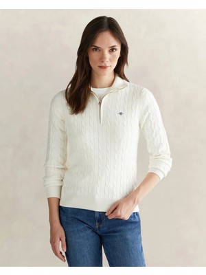 Gant Women's White Regular Fit Half-Zip Knit Sweater