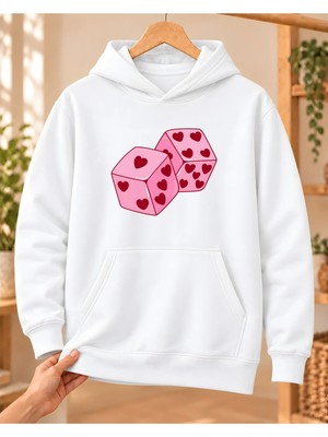 Mor Mürekkep Kadın %100 Pamuk 3 Iplik Şardonlu Kalpli Pembe Zarlar Baskılı Kapüşonlu Sweatshirt Beyaz